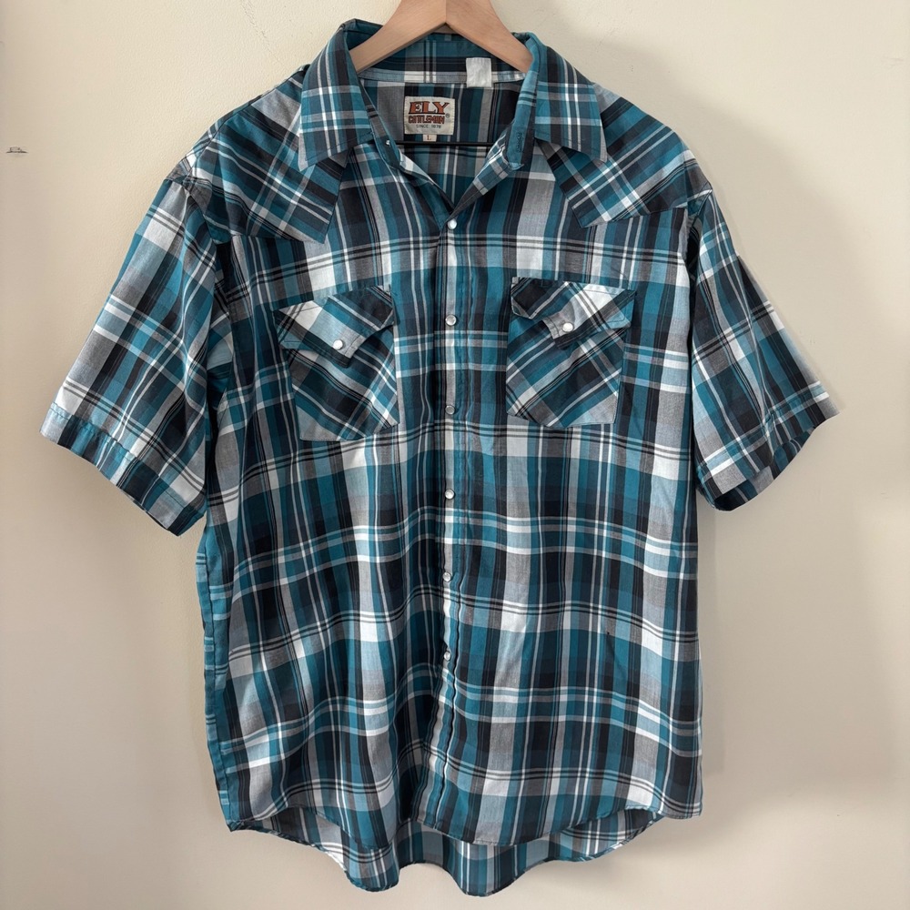 Vintage Ely Cattleman Mens Large Teal Black Plaid Pearl Snap Western Shirt